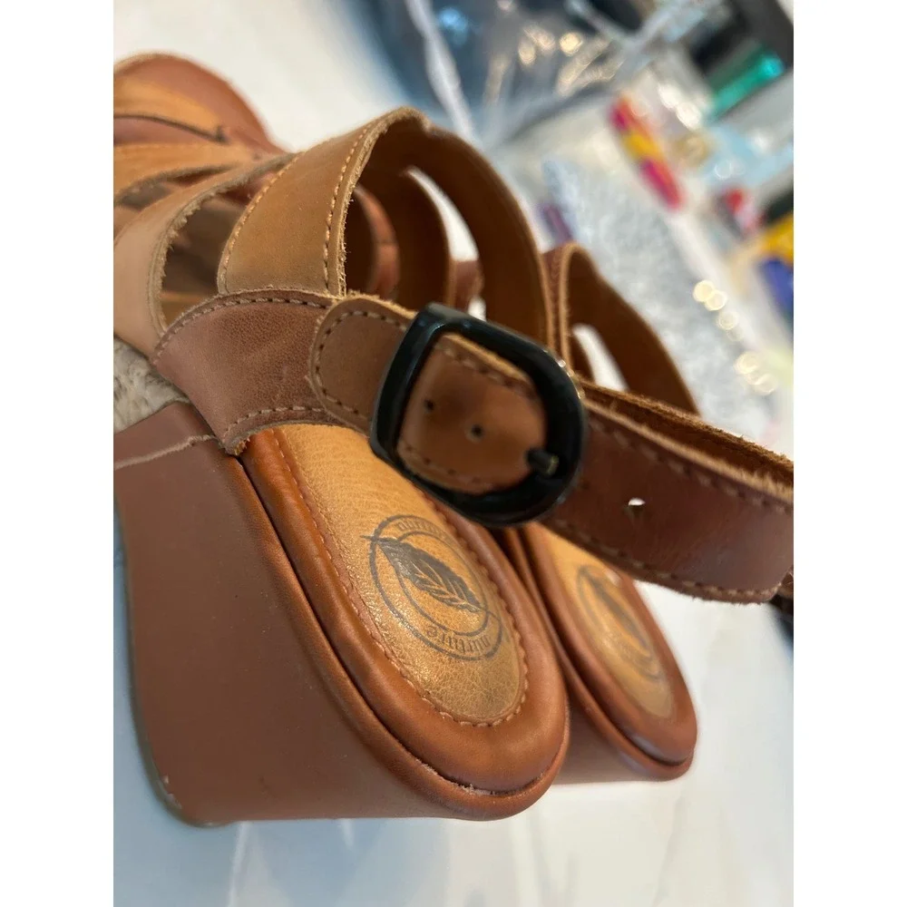 Nurture Wedge Sandals Brown Leather Strappy Cage Cork Platform Summer Shoes 7.5M